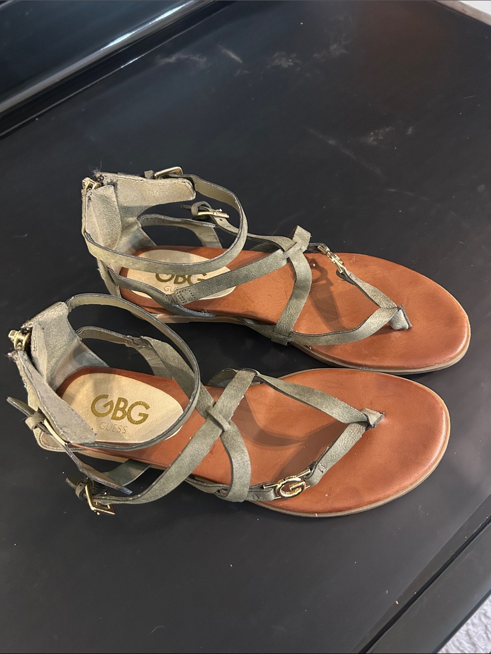 G by Guess Olive Green Strappy Ankle Sandals
